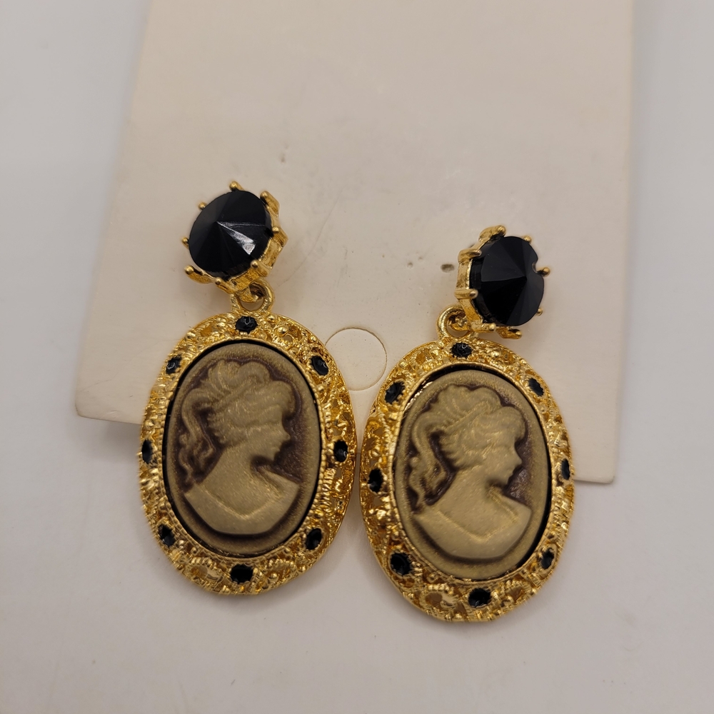 Pierced Gold Black Cameo Earrings